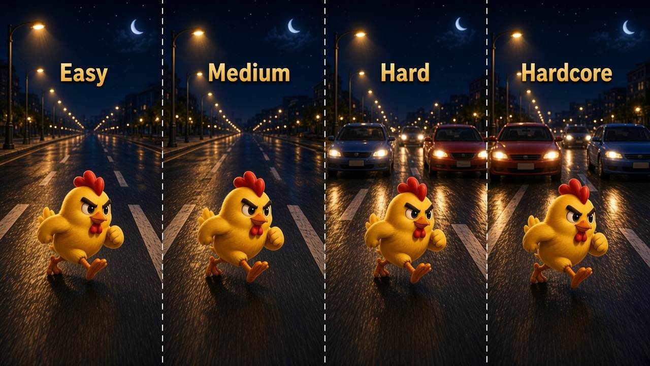 Easy, Medium, Hard va Hardcore darajalari illyustratsiyasi. Chicken Road 2 klient skrinshoti emas
